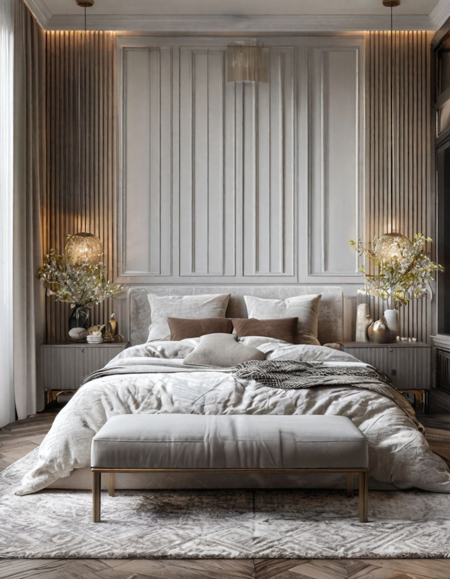 Современные спальни с различным декором и панелями