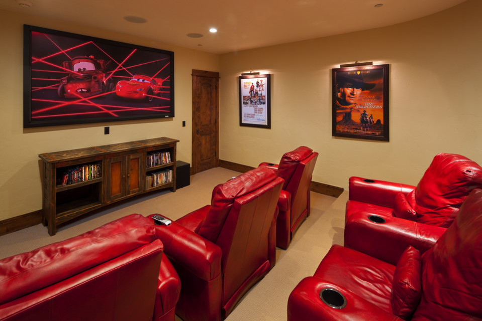 Inspiration for an expansive country open concept home theatre in Other with beige walls, carpet and a built-in media wall.