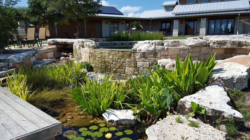 Inspiration for a mediterranean front yard custom-shaped natural pool in Austin with a water feature.
