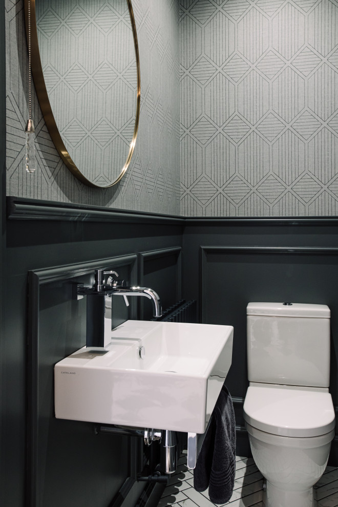Inspiration for a small contemporary bathroom in Belfast with black cabinets, gray tile, marble, marble floors, marble benchtops, grey floor, a single vanity, a floating vanity and panelled walls.