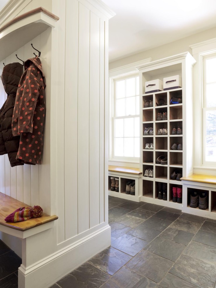 Inspiration for a country mudroom in Burlington with slate floors.