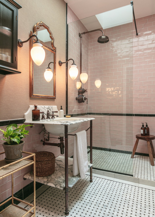 Romantic Pink Subway Tiles with Antique Accents