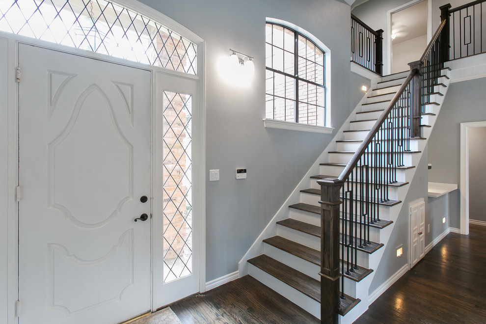 Mid-sized transitional wooden straight mixed material railing staircase photo in Dallas with painted risers