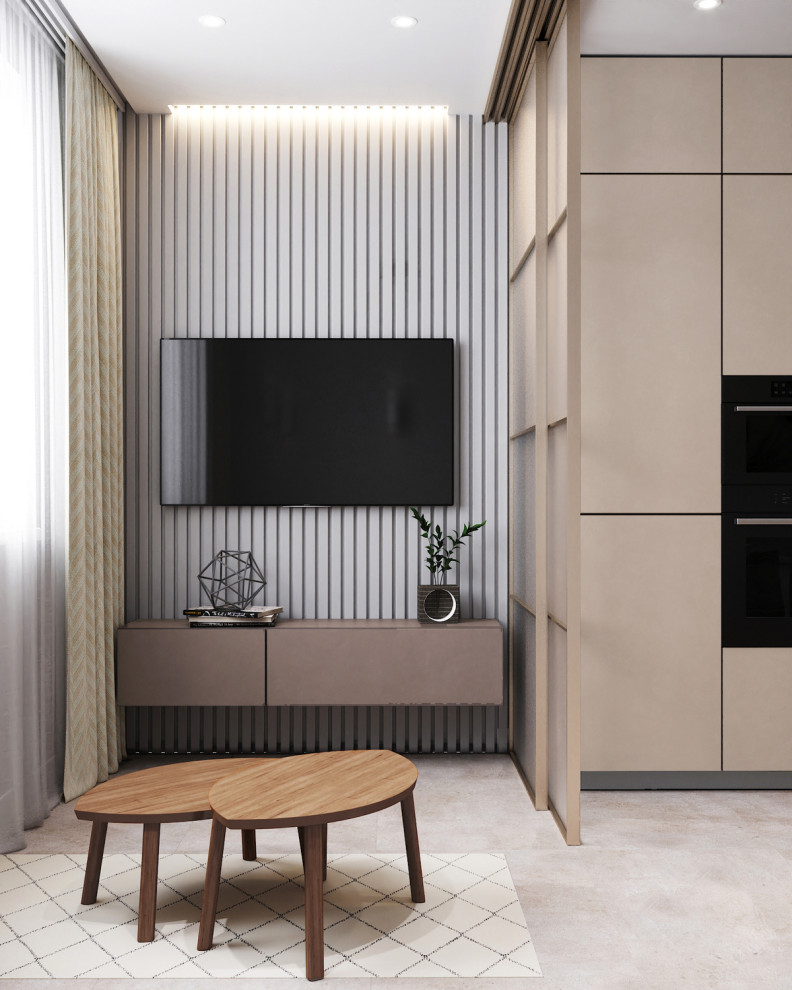 Idee per un piccolo soggiorno minimal aperto con pareti grigie, pavimento in vinile e TV a parete