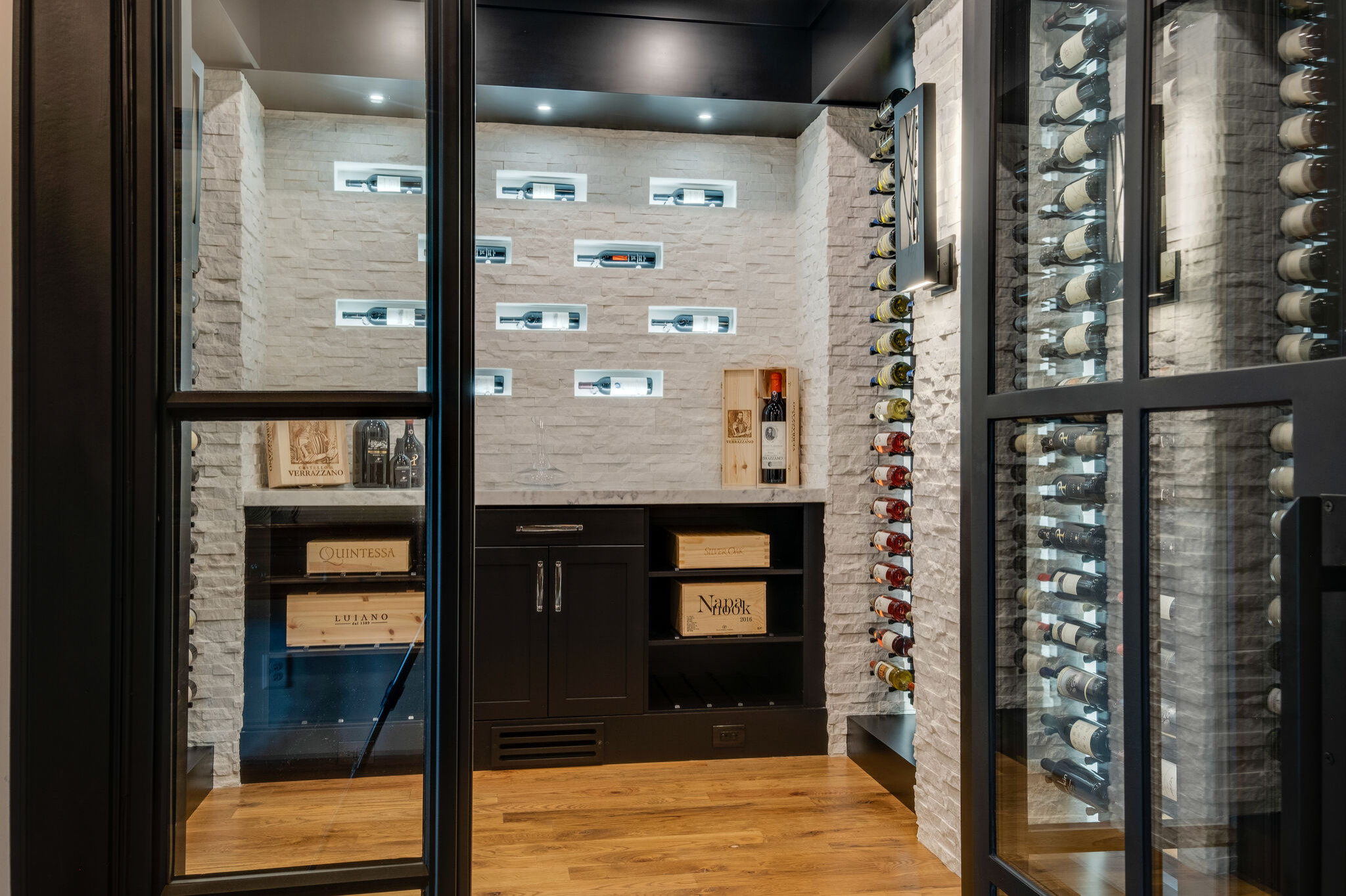 Unique, clean line refrigerated, modern wine room