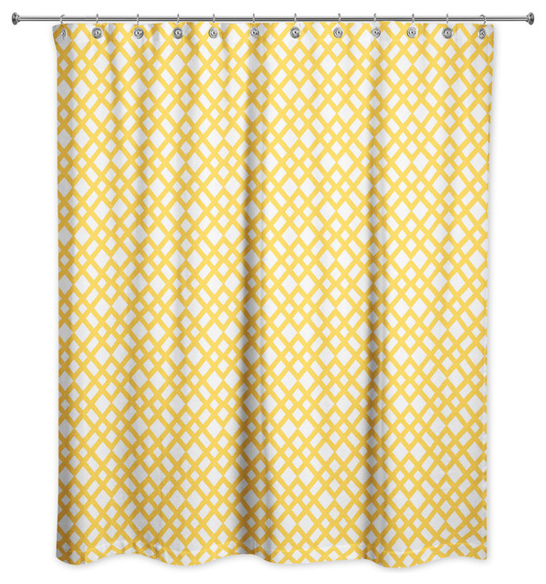 Yellow Lattice Pattern Shower Curtain, Yellow And White Shower Curtain