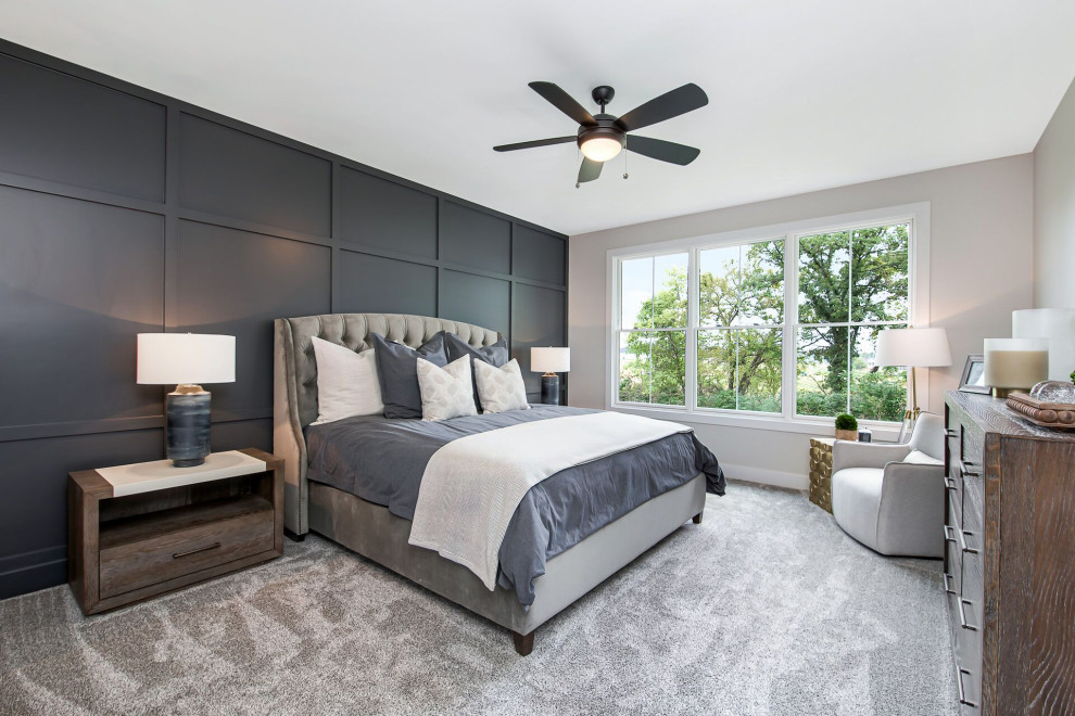 Photo of a transitional guest bedroom in Chicago with grey walls, carpet, no fireplace and grey floor.