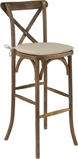 Hercules Series Dark Antique Wood Cross Back Barstool With Cushion Dark Antique Wood Cross Back Barstool