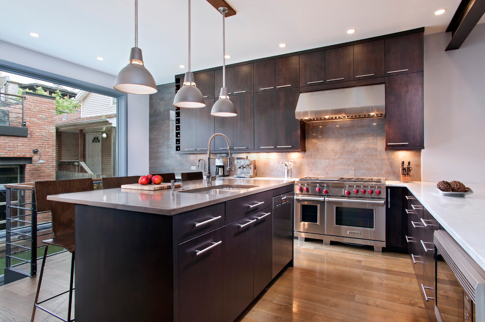 Contemporary kitchen in Chicago with dark wood cabinets.