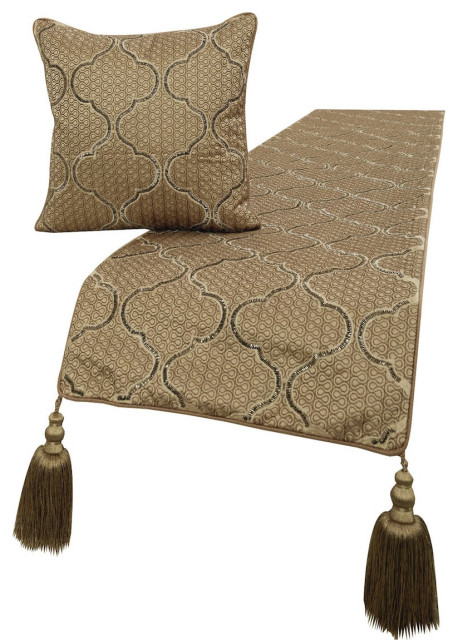 Beige Silk Queen 74"x18" Bed Throws Runner & Pillow Cover - Lattice Balance