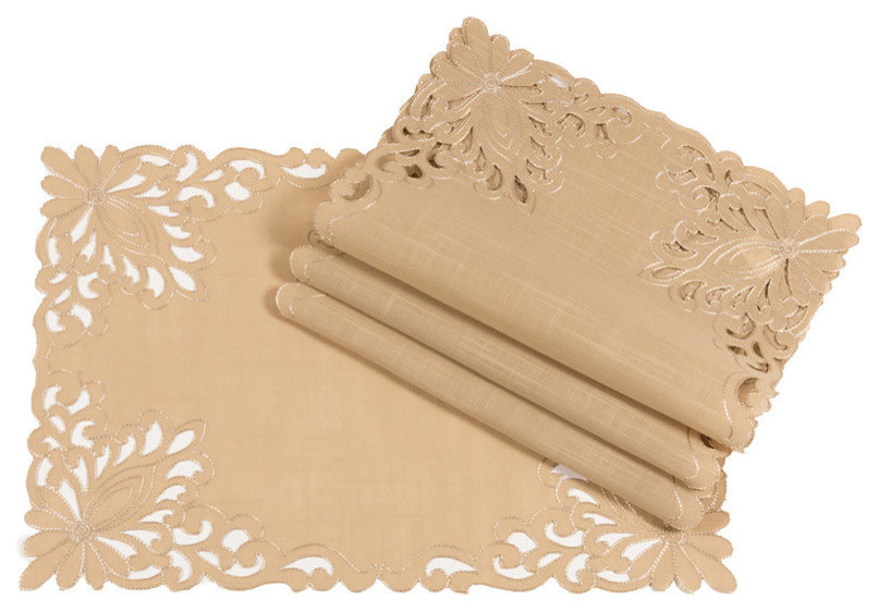 Wilshire Embroidered Cutwork Placemats, Beige, 14"x 20", Set of 4, 14