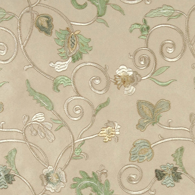 Beige Green Ivory And Gold Embroidered Vines Suede Upholstery Fabric By The Yard