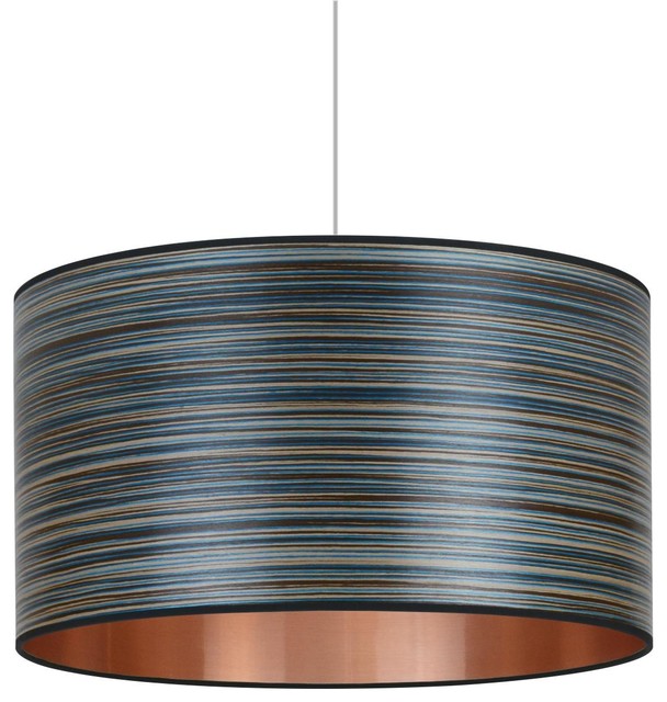Blue Stripe and Copper Wood Veneer Drum Lampshade, 60 cm