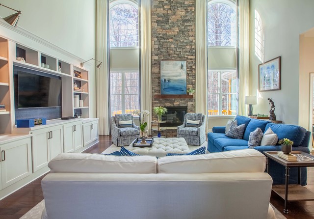 Elegant Transitional nyklassisk-vardagsrum