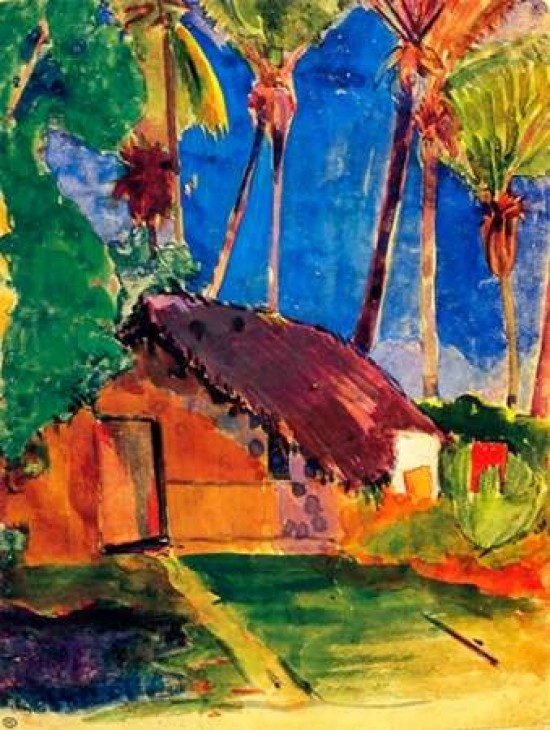 Thatched Hut Under Palm Trees Print
