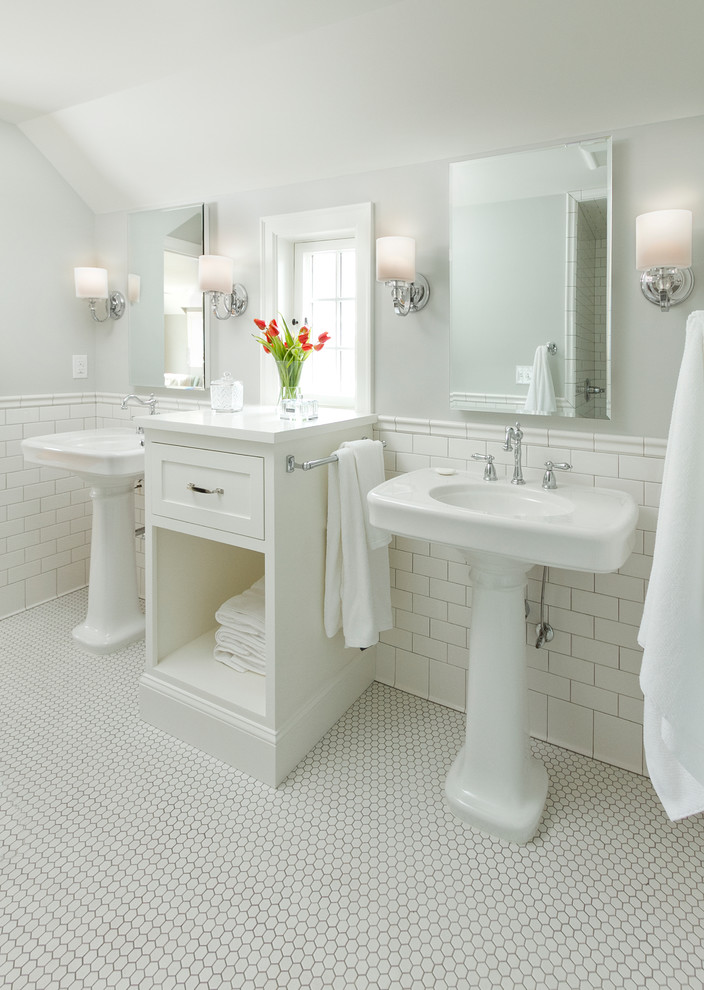 Design ideas for a traditional master bathroom in Minneapolis with a pedestal sink, shaker cabinets, white cabinets, white tile, subway tile, grey walls, mosaic tile floors and white floor.