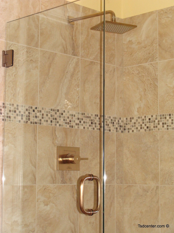 Inspiration for a transitional multicolored tile and porcelain tile porcelain tile home design remodel with an undermount sink and white cabinets