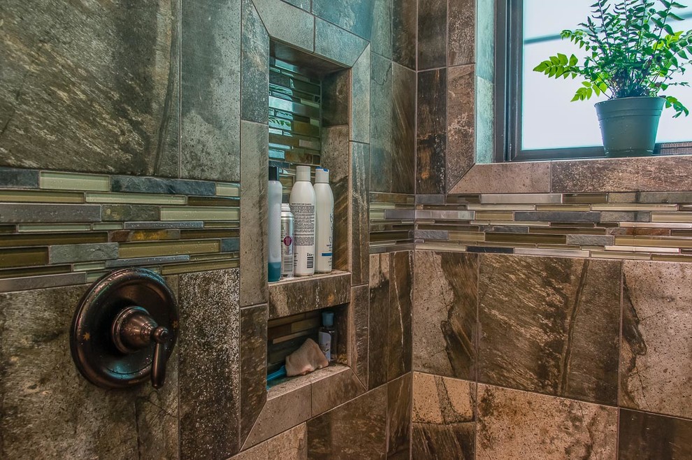 Home design - mid-sized transitional master brown tile and glass tile home design idea