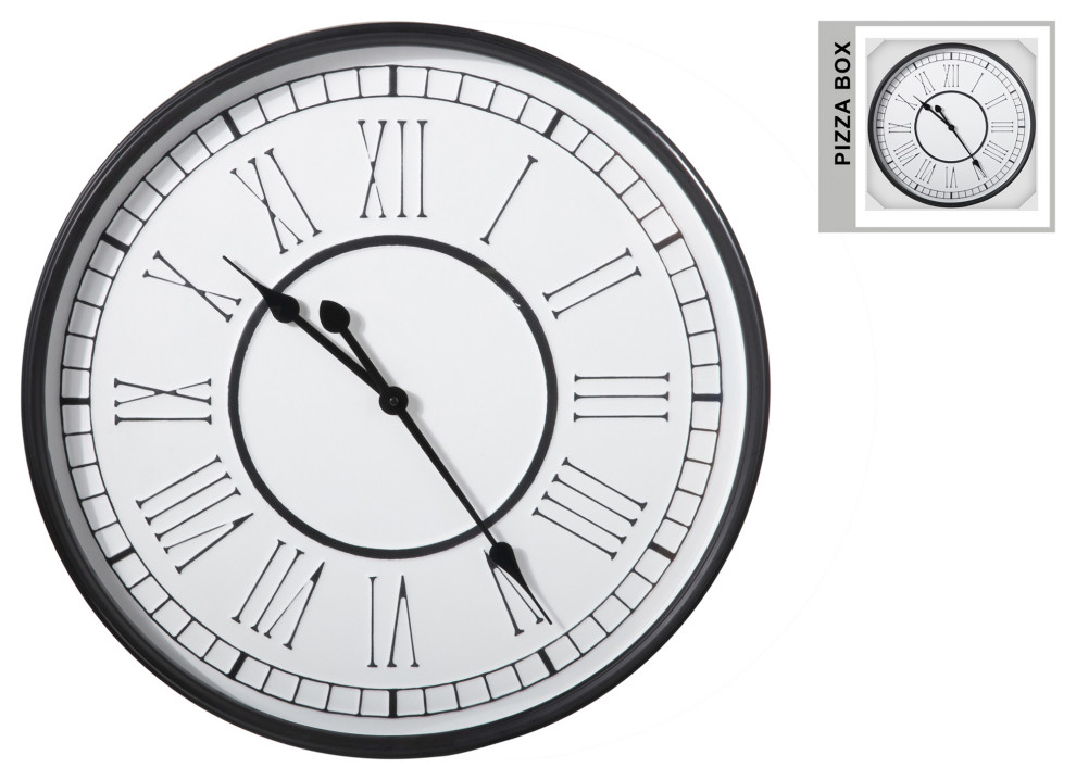 Round Wall Clock with Box & Glass, Metallic Frame & Roman Numeric