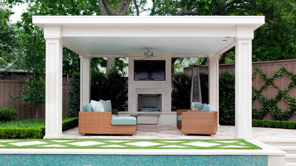 Transitional backyard patio in Dallas with a fire feature, natural stone pavers and a gazebo/cabana.