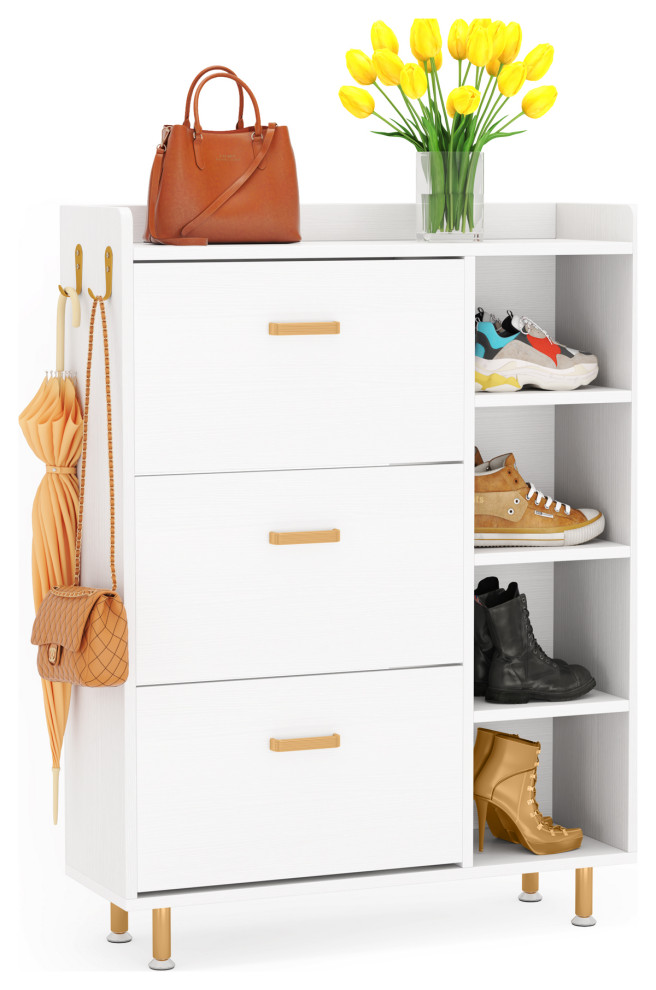 Flip Drawers Shoe Cabinet With 3 Flip Drawers and 5 Tiers Shelves, White