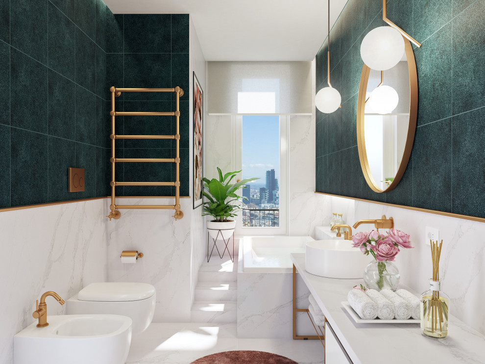 Mid-sized contemporary master bathroom in Other with open cabinets, white cabinets, a drop-in tub, a wall-mount toilet, green tile, ceramic tile, green walls, porcelain floors, a vessel sink, engineered quartz benchtops, white floor and white benchtops.