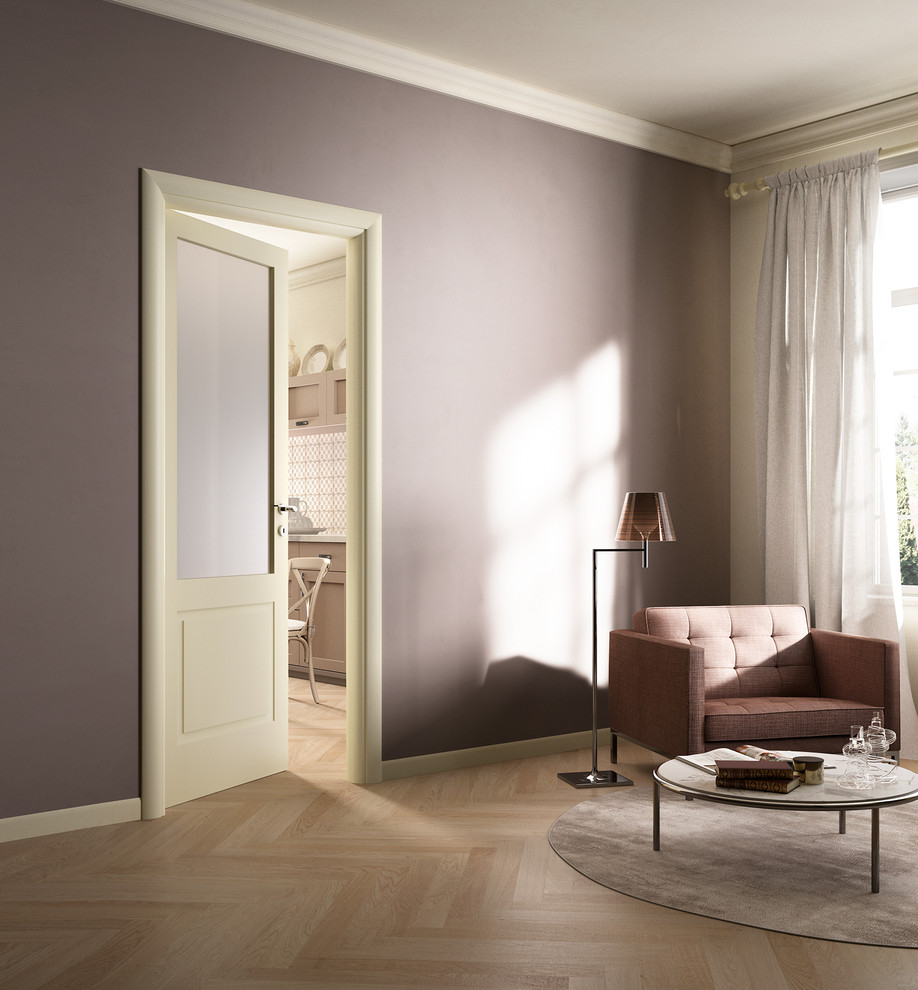 Inspiration for a contemporary enclosed living room in Nice with purple walls, light hardwood floors and no fireplace.