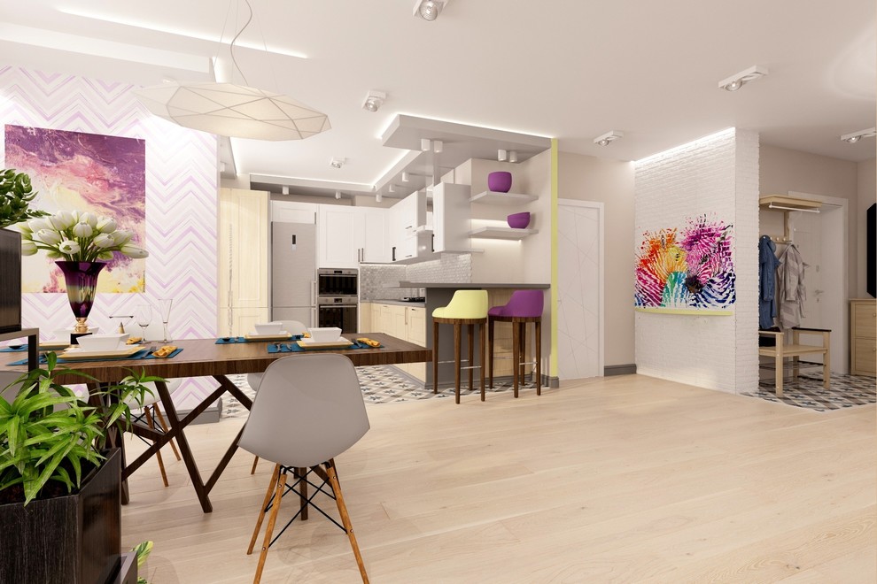 Оформление кухни-гостиной для прекрасной молодой пары.