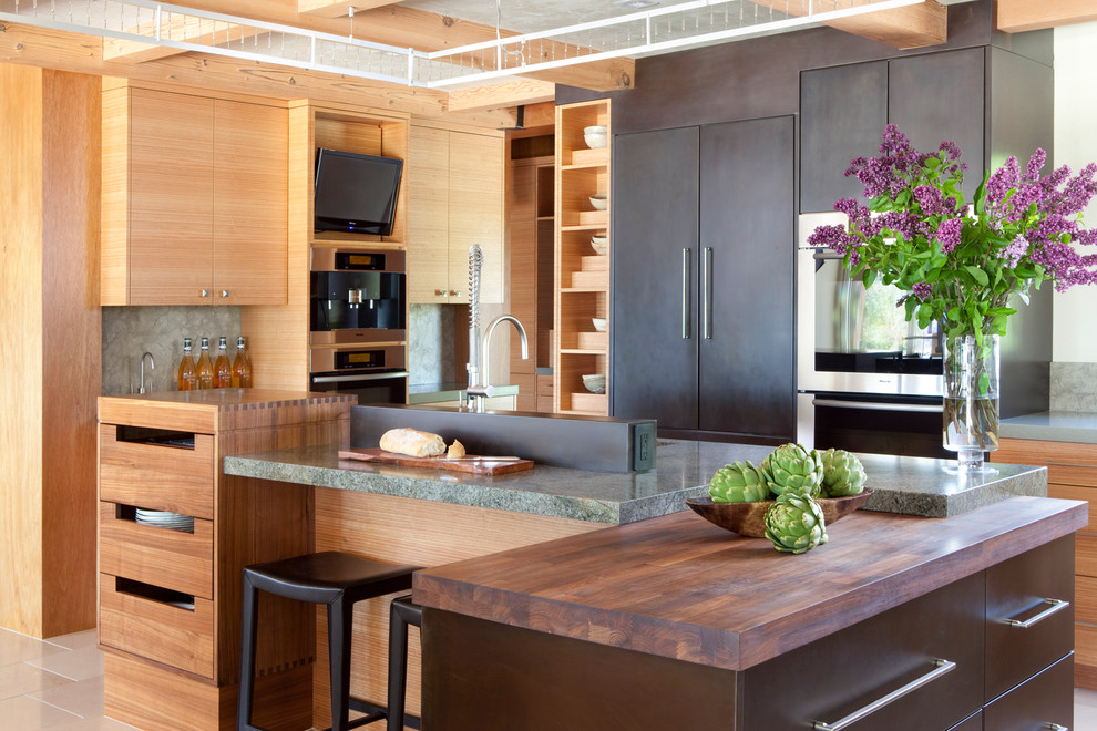 Contemporary kitchen in San Francisco with flat-panel cabinets, light wood cabinets and panelled appliances.