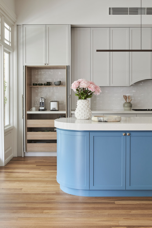 Get Creative with Gray Kitchen Cabinets: Coffee Bar Ideas with Subway Tile Backsplash and Blue Island