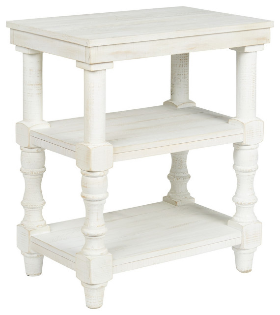 Wooden Accent Table With 2 Shelves And 2 Usb Ports, Antique White