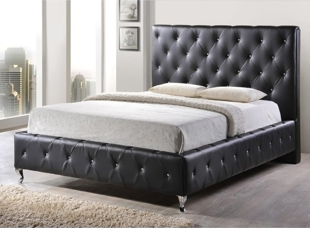 Baxton Studio Stella Crystal Tufted Black Modern Bed with Upholstered Headboard