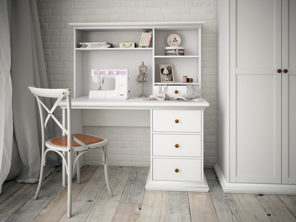 Inspiration for a small transitional kids' study room for girls in Other with white walls and grey floor.