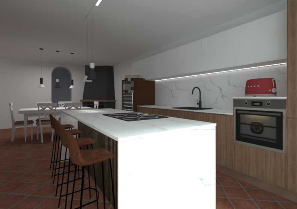 Example of a large single-wall eat-in kitchen design in Rome with an island