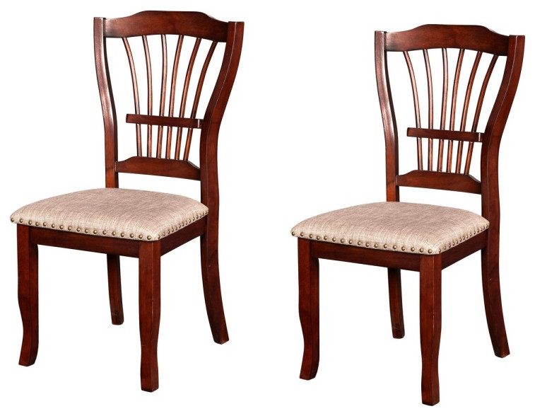 Slatted Back Wooden Dining Chair With Nailhead Trim, Set Of 2, Brown