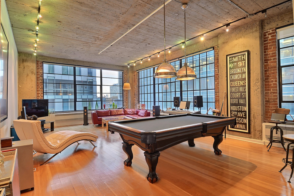 Urban Industrial Chic Loft Pool Table Room Setting Industrial Living Room Montreal By Palason Billiards