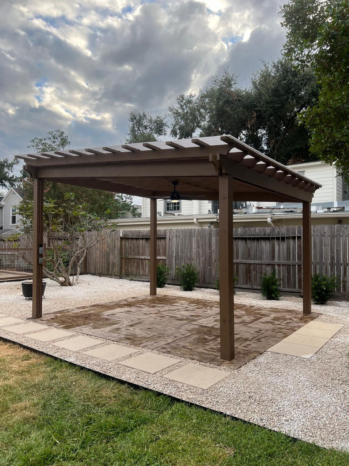 Beautiful stamped concrete patio with Pergola Cover on Haddon st!