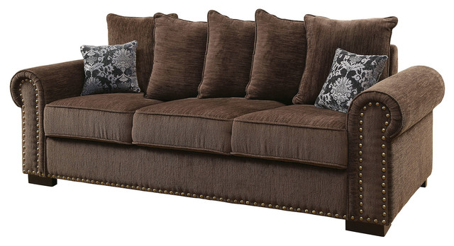 Rydel Transitional Nailhead Trim Chenille Fabric Sofa Brown