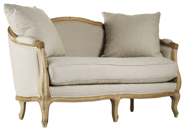 Rue Du Bac French Country Natural Linen Feather Settee Loveseat