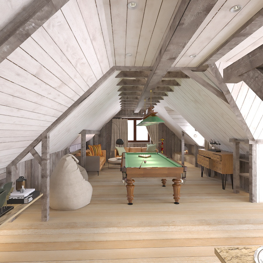 Зоны отдыха. Мансардный этаж бани-зона отдыха и развлечений в стиле Шале.
