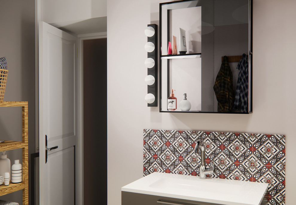 Inspiration for a small industrial master bathroom in Lille with an open shower, gray tile, cement tile, beige walls, vinyl floors, a wall-mount sink, grey floor and a single vanity.