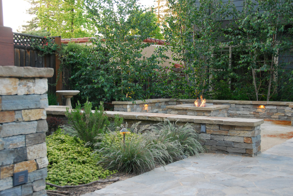 Design ideas for a large arts and crafts backyard full sun garden in San Francisco with a fire feature and decomposed granite.