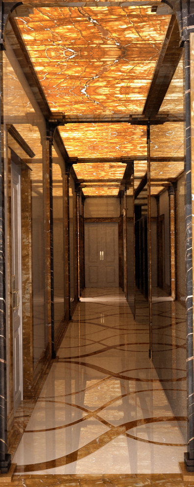 Imagen de recibidores y pasillos modernos extra grandes con paredes multicolor, suelo de mármol, suelo multicolor y casetón