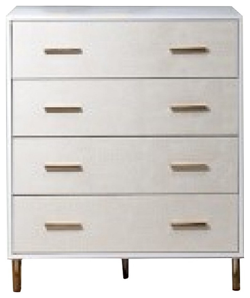 Emily 37 Inch Wood Tall Dresser Chest 4 Drawers Gold Handles White