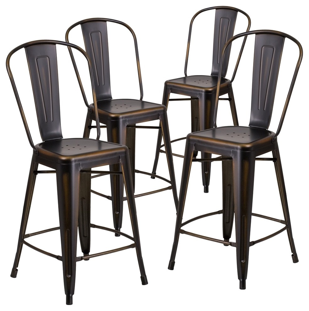 24" High Distressed Copper Metal Indoor Counter Stools With Back, Set of 4