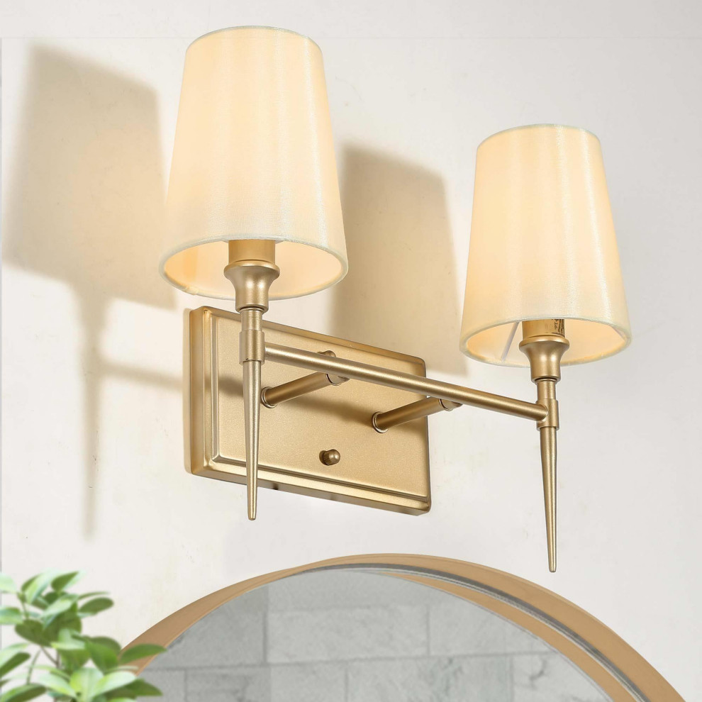 LALUZ 2Light Matte Gold Modern Bathroom Vanity Light with Fabric Shade