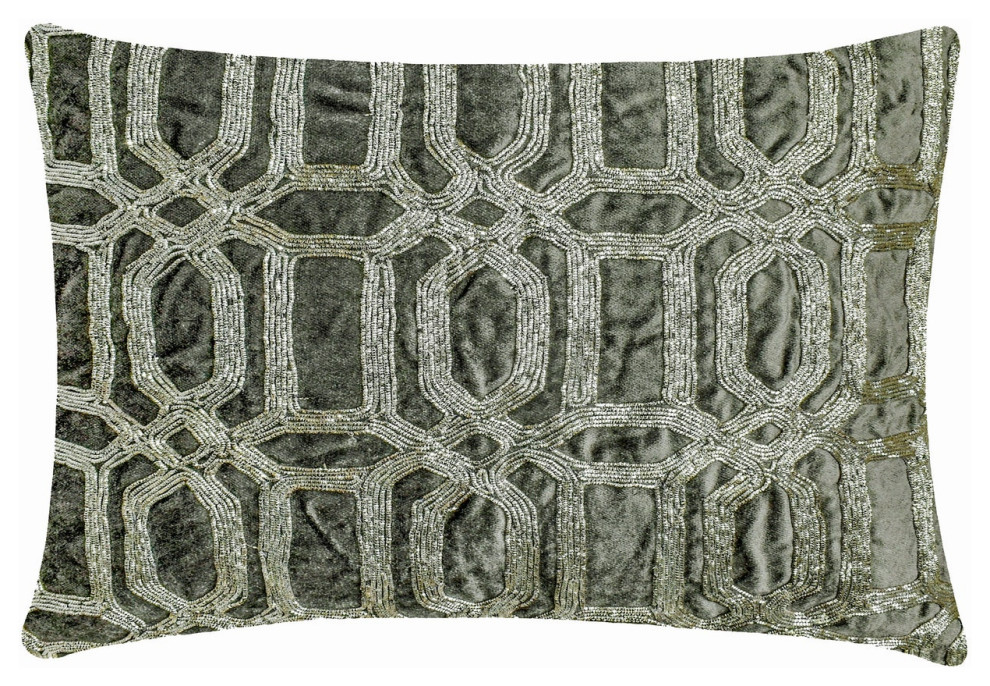 Gray velvet Lumbar Pillow Cover, Zardozi Embroidery and Handmade Celebration, 12"x24