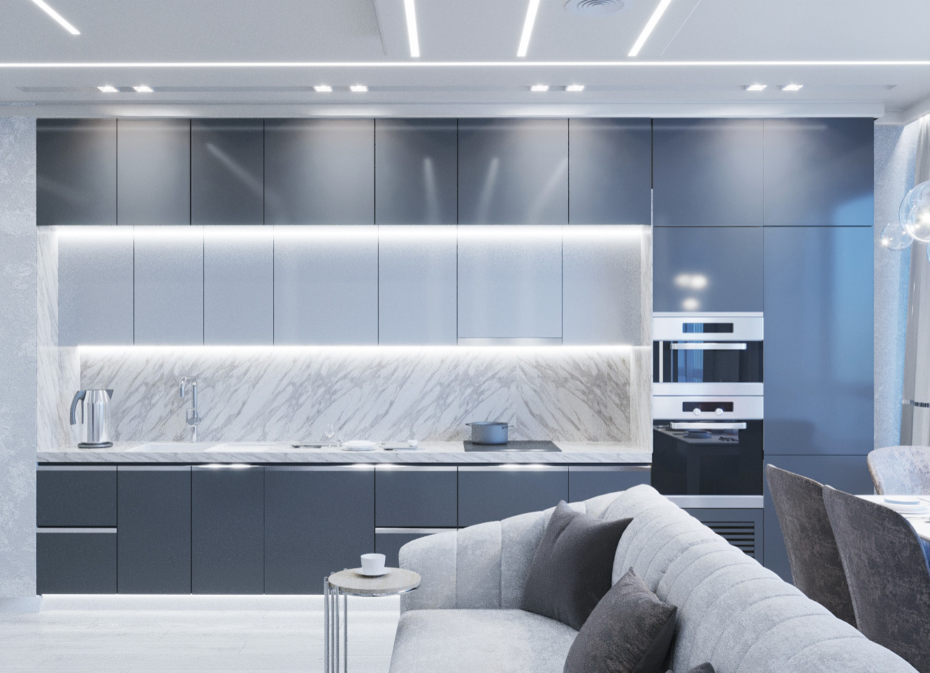 Кухня гостиная с функциональной подсветкой