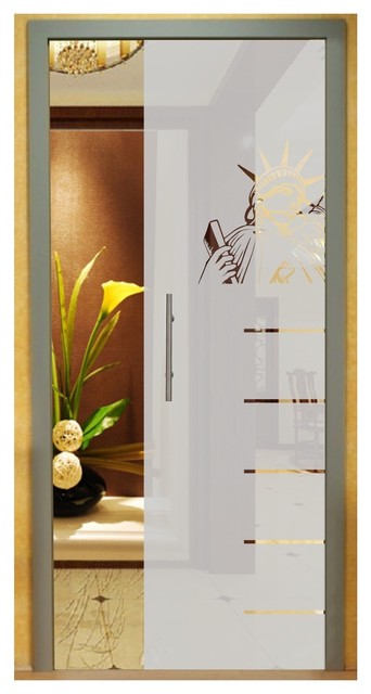 Pocket Glass Sliding Door Statue Of Liberty And Lines Design