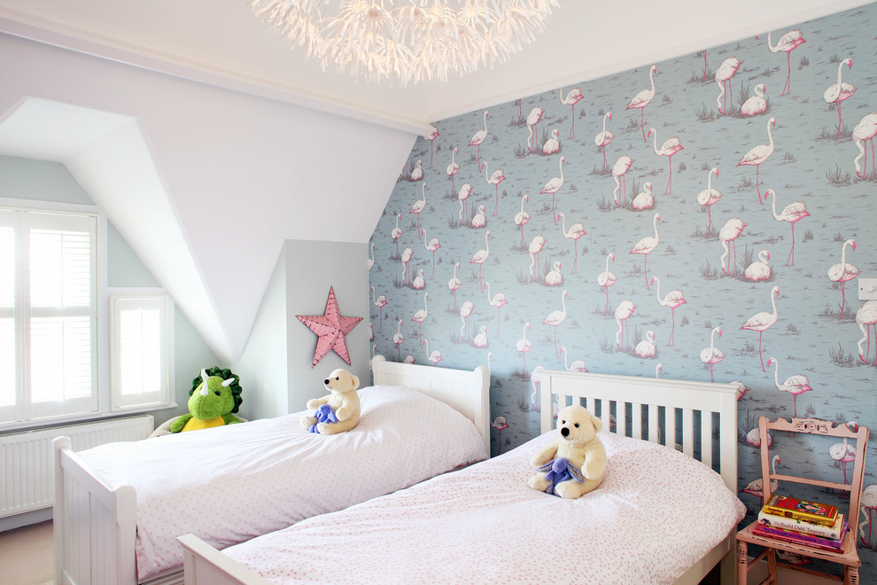 Transitional kids' room in Sussex with multi-coloured walls for girls.